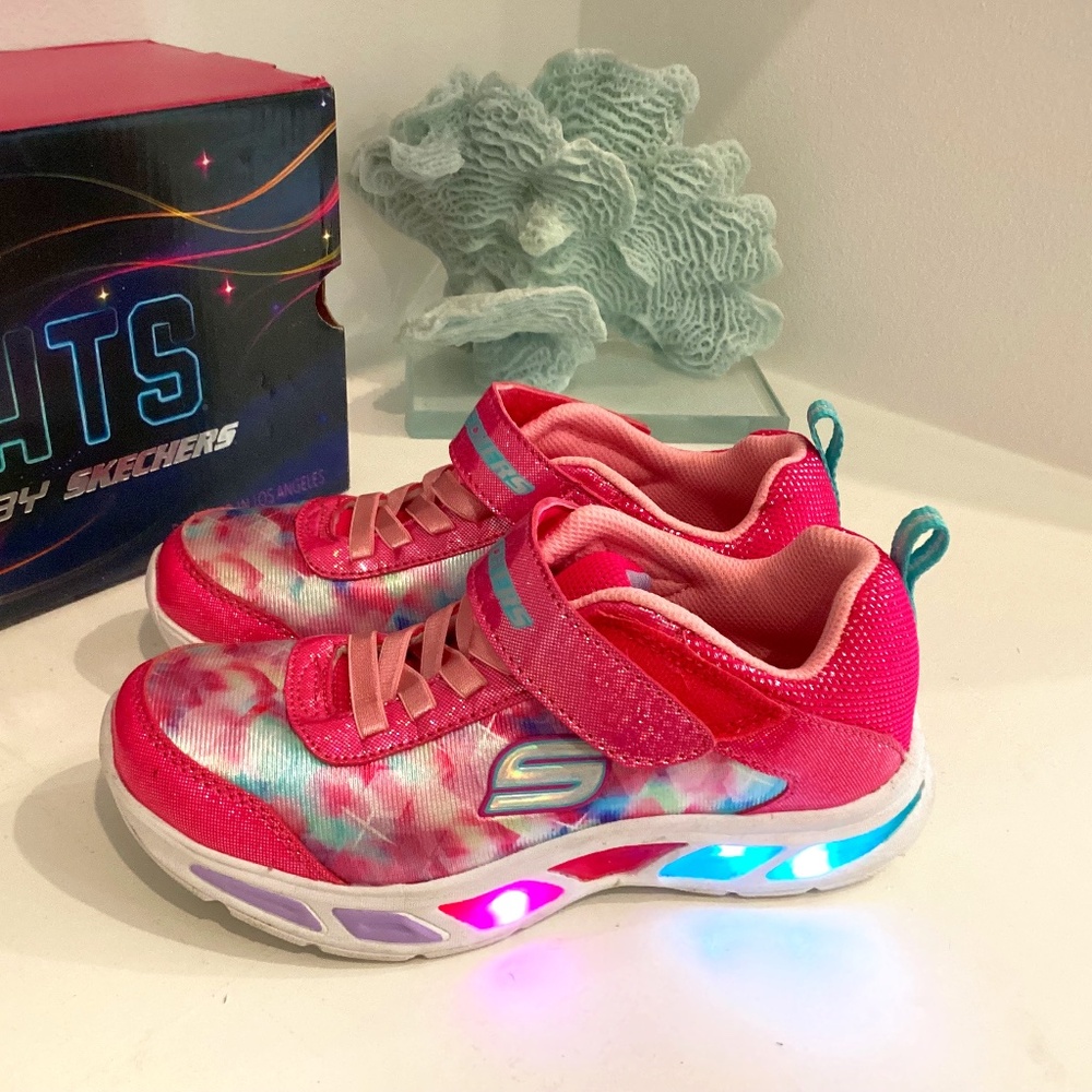 POWERED SKECHERS LIGHT UP GIRLS NEON PINK MULTI SZ 2 WORN 2x